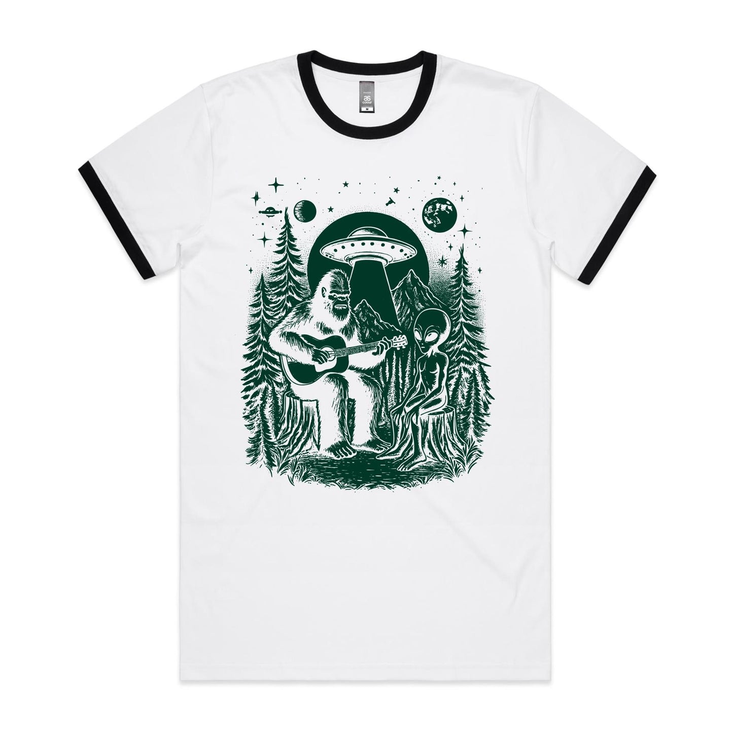 Alien And Bigfoot Playing Guitar - Staple Ringer Tee