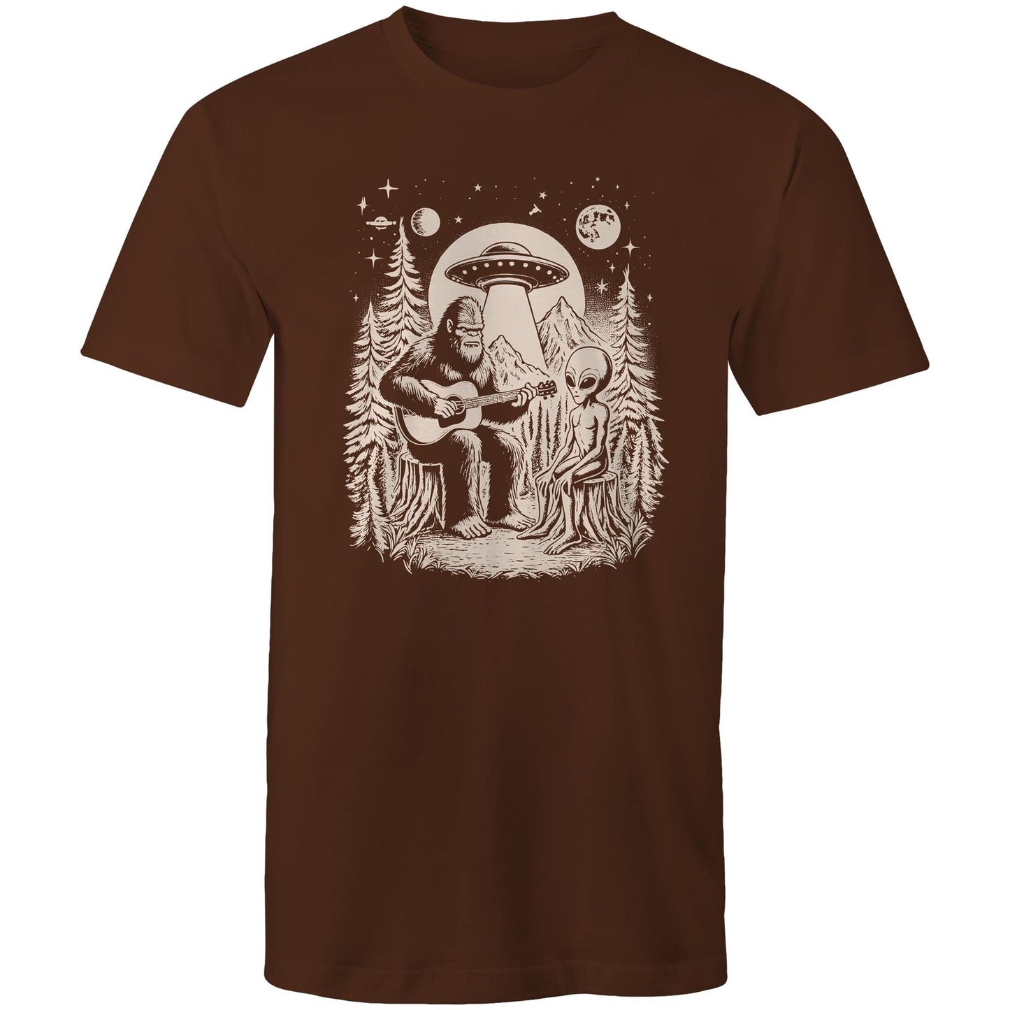 Alien And Bigfoot Play Guitar - Mens T-Shirt Dark Chocolate Mens T-shirt Music Printed In Australia Sci Fi