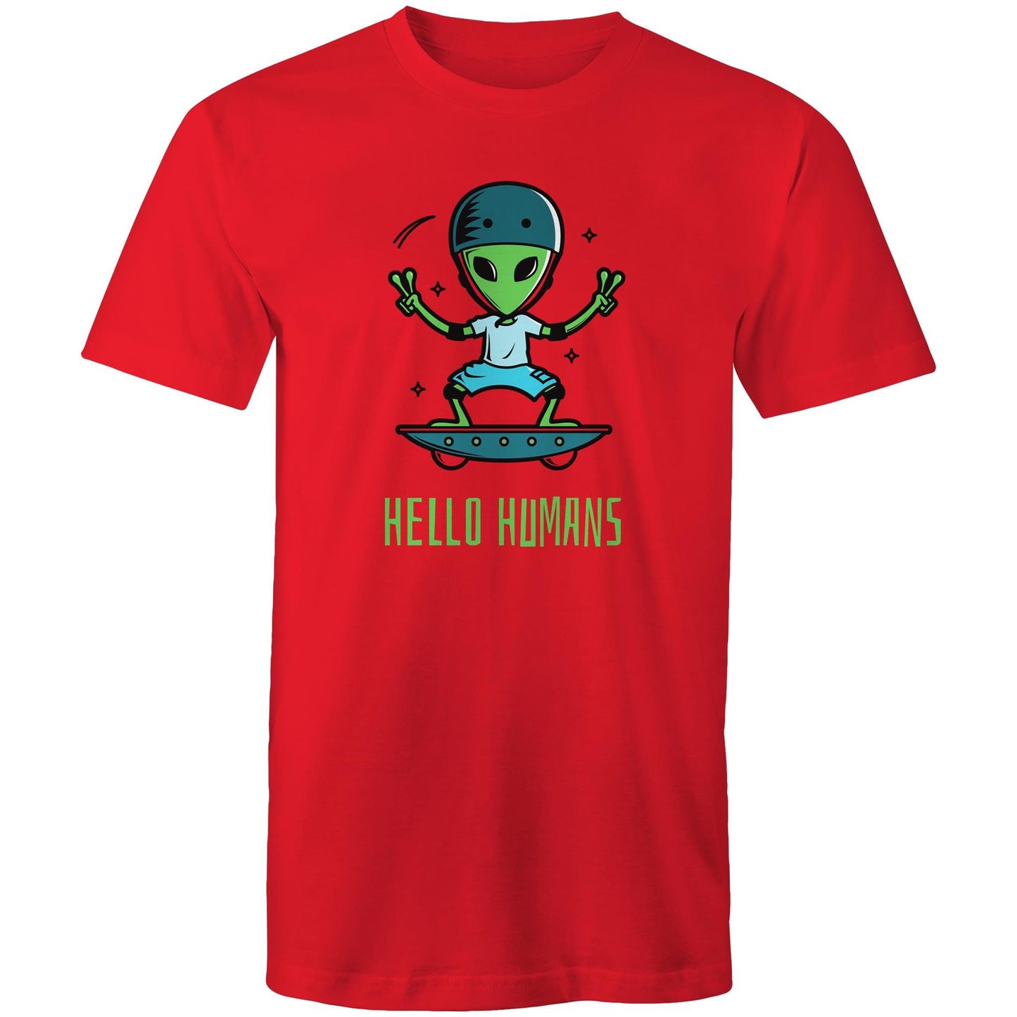 Hello Humans, Alien - Mens T-Shirt Red Mens T-shirt Printed In Australia Sci Fi