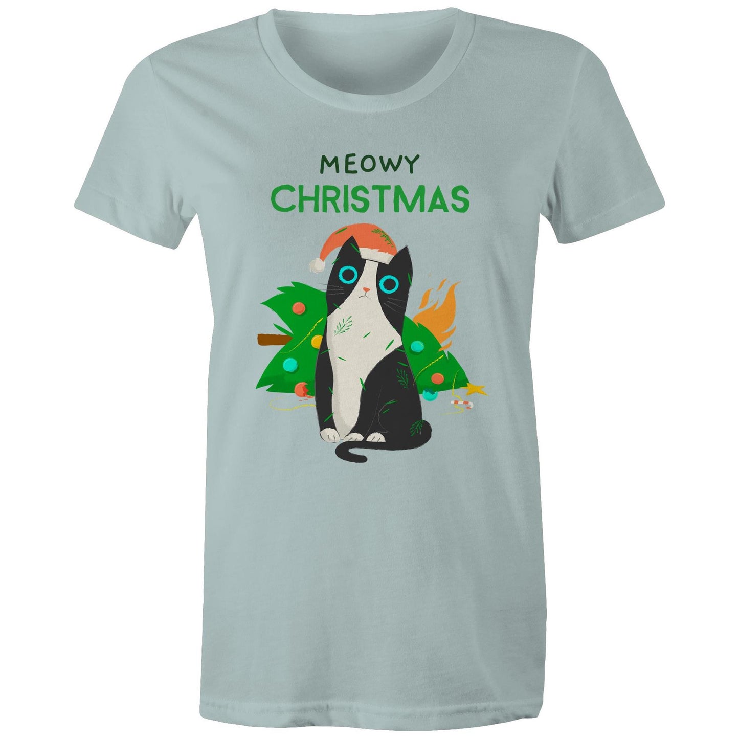 Meowy Christmas - Womens T-shirt Pale Blue Womens Christmas T-shirt Christmas Printed In Australia