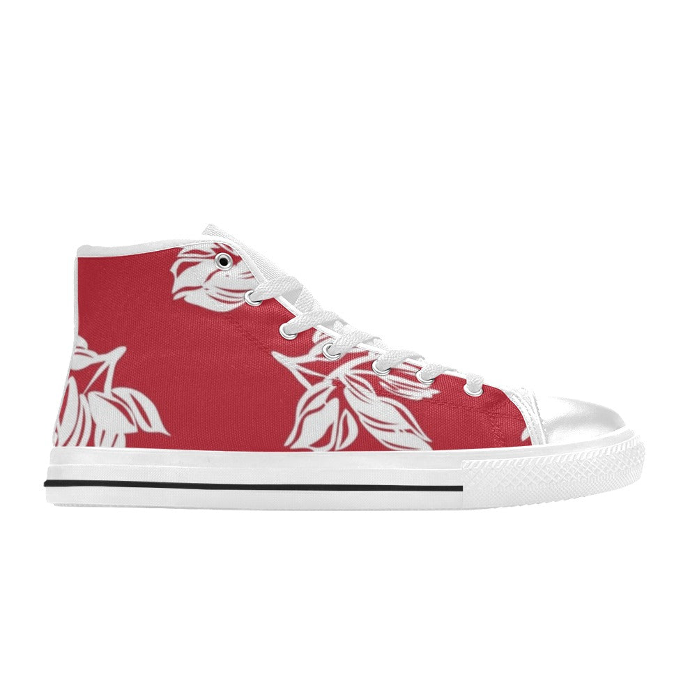 Red Retro Foliage, Hawaiian Flower - Women's High Top Canvas Shoes