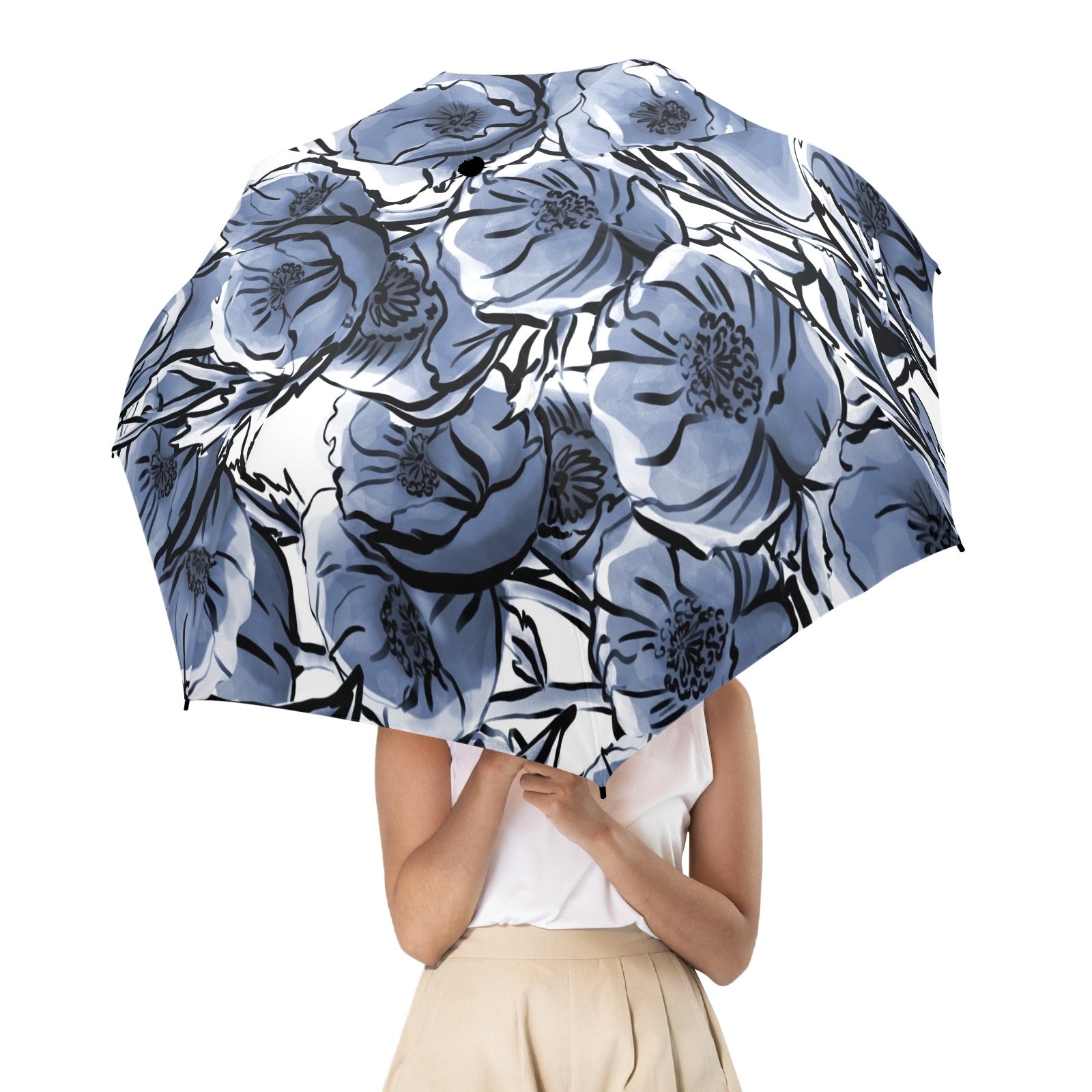 Blue And White Floral - Semi-Automatic Foldable Umbrella Semi-Automatic Foldable Umbrella Printed Offshore