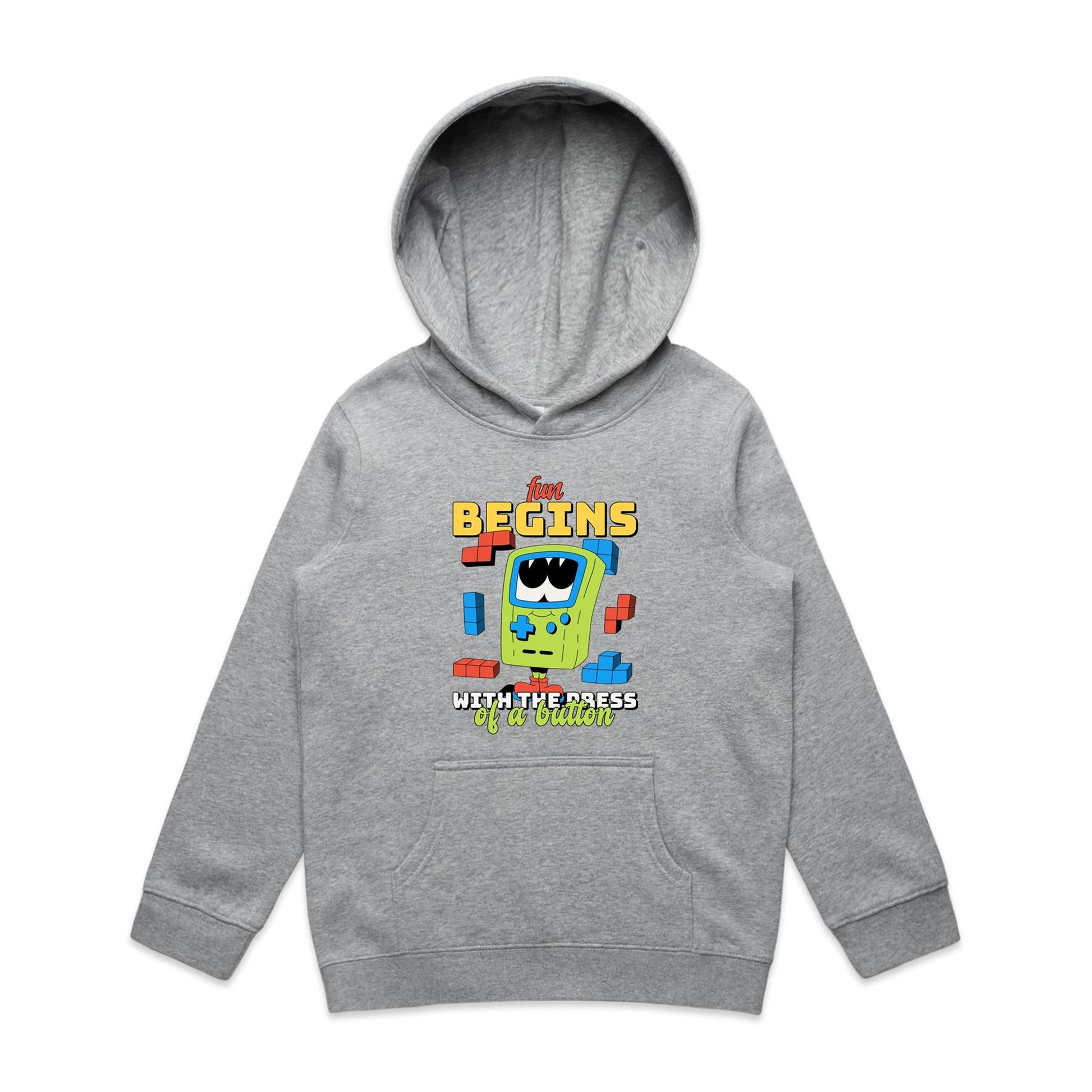 Fun Begins With The Press Of A Button, Games - Youth Supply Hood Grey Marle Kids Hoodie Games