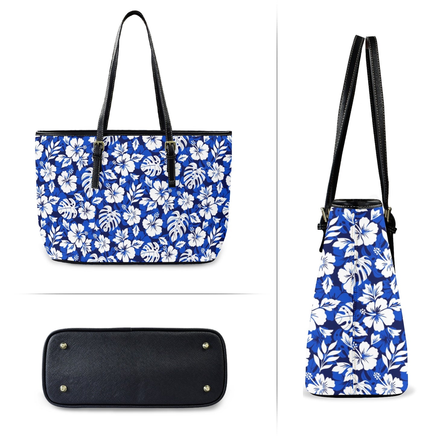 Blue Hawaiian Floral - Leather Tote Bag-Large (Front&Back Printing) (1651)