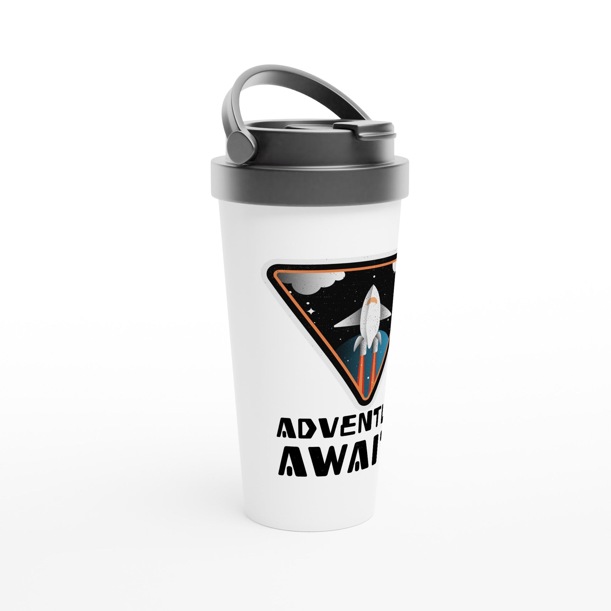 Adventure Awaits, Rocket Ship - White 15oz Stainless Steel Travel Mug Travel Mug Globally Fulfilled Space