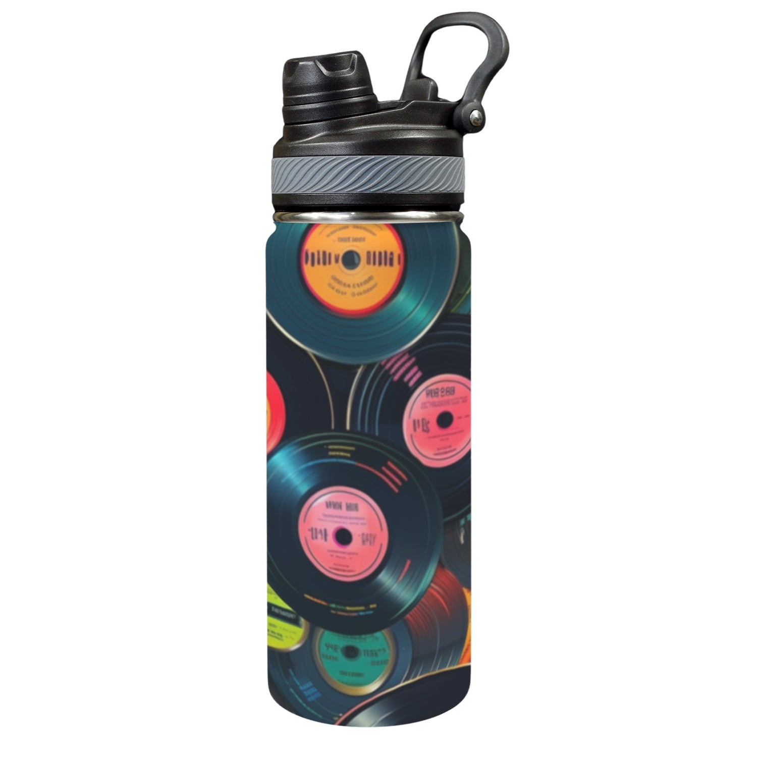 Retro Vinyl Records 2 - Insulated Water Bottle with Dual-Use Lid (18oz) Insulated Water Bottle with Dual-Use Lid (18oz) Music Printed Offshore