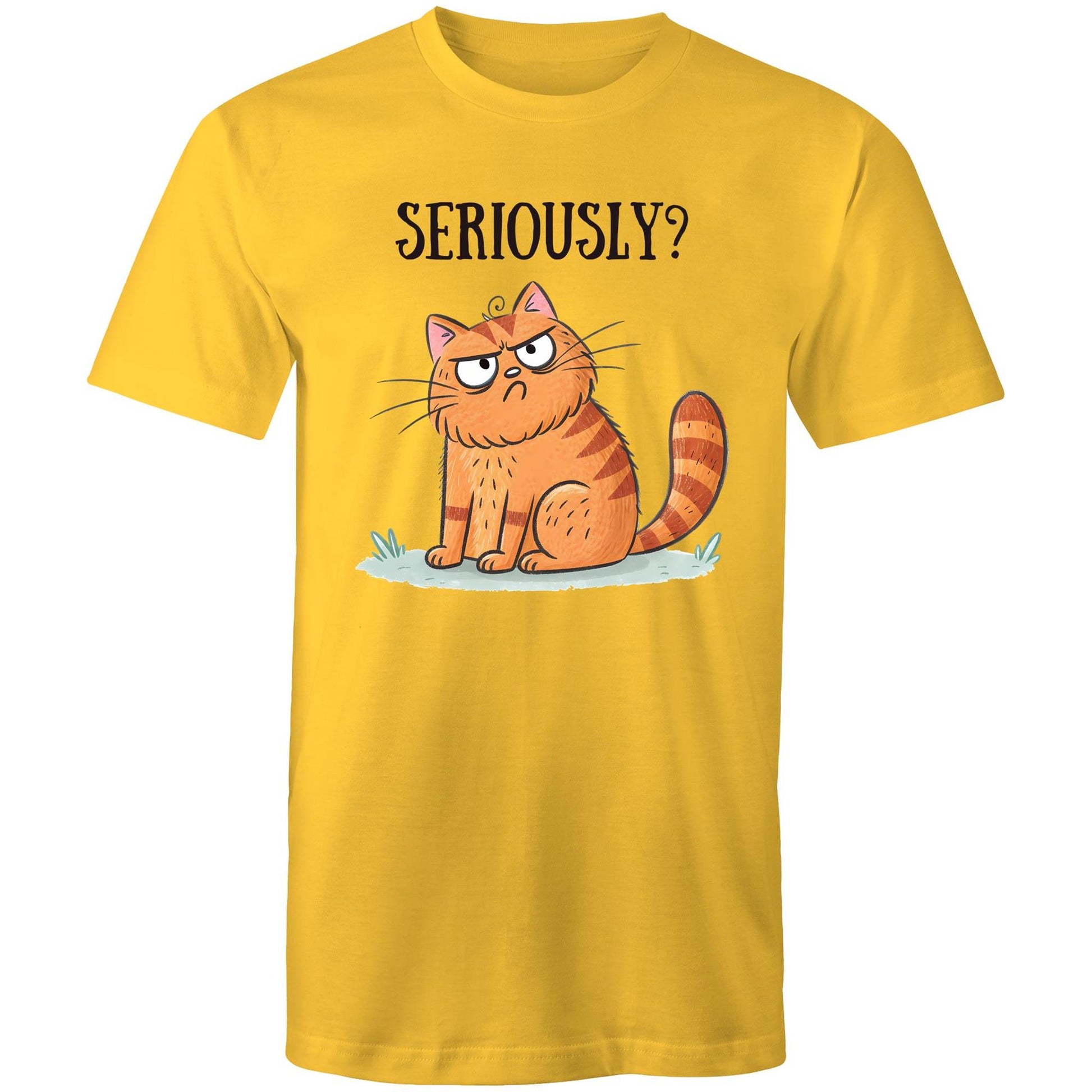 Cat Seriously? - Mens T-Shirt Yellow Mens T-shirt animal Printed In Australia