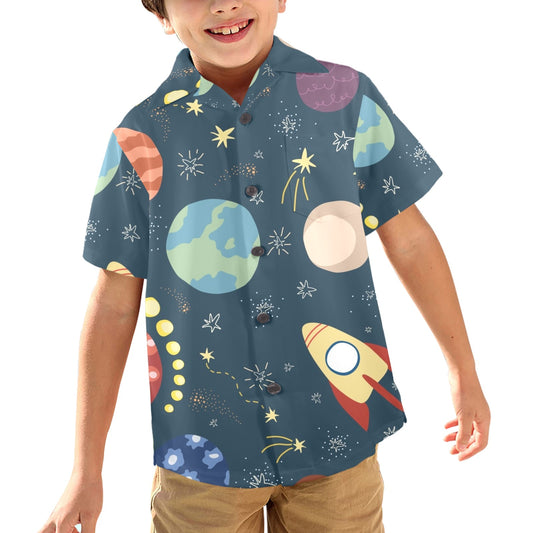 Rocket and Planets In Space - Junior Boys Hawaiian Shirt