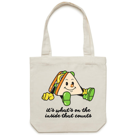 Sandwich, It's What's On The Inside That Counts - Canvas Tote Bag Cream One Size Tote Bag Food Motivation