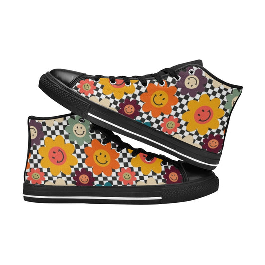 Happy Retro Flowers - Kids High Top Canvas Shoes