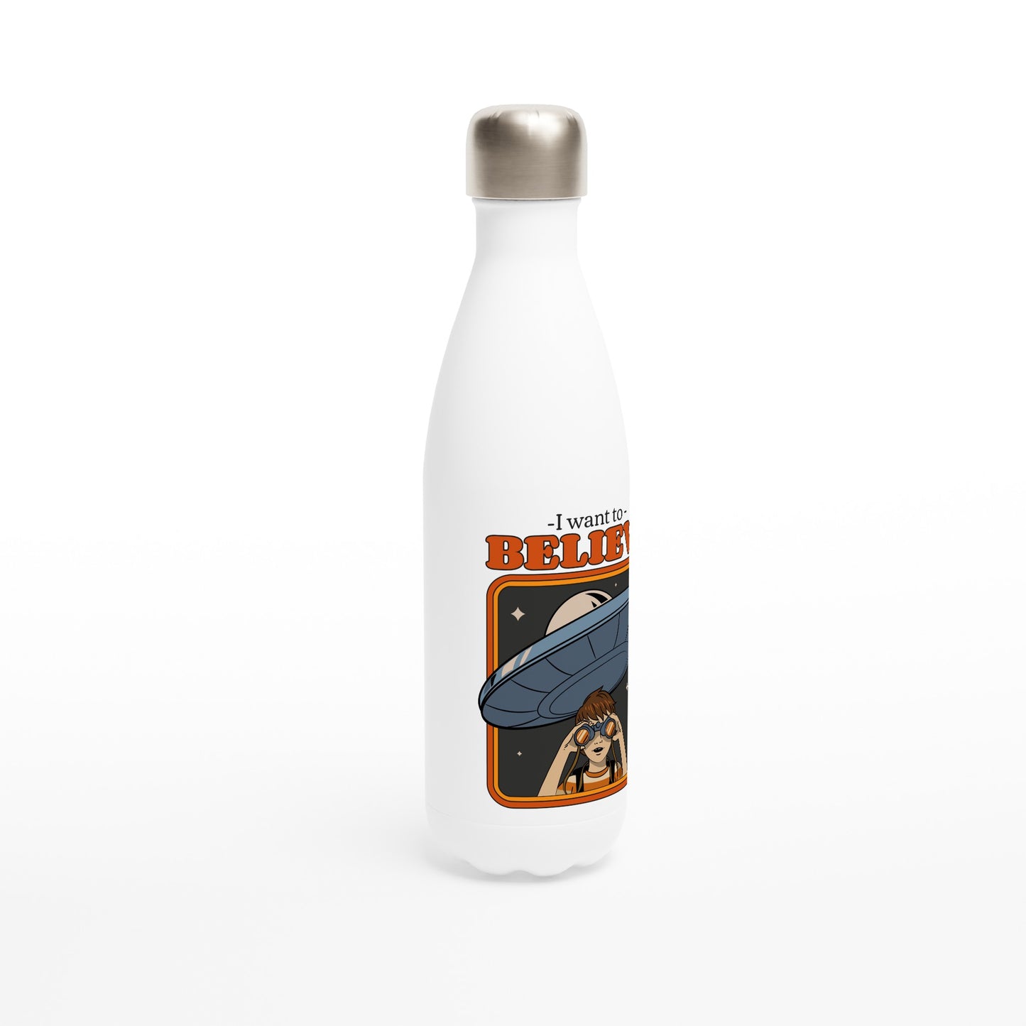 I Want To Believe - White 17oz Stainless Steel Water Bottle White Water Bottle Globally Fulfilled Retro Sci Fi