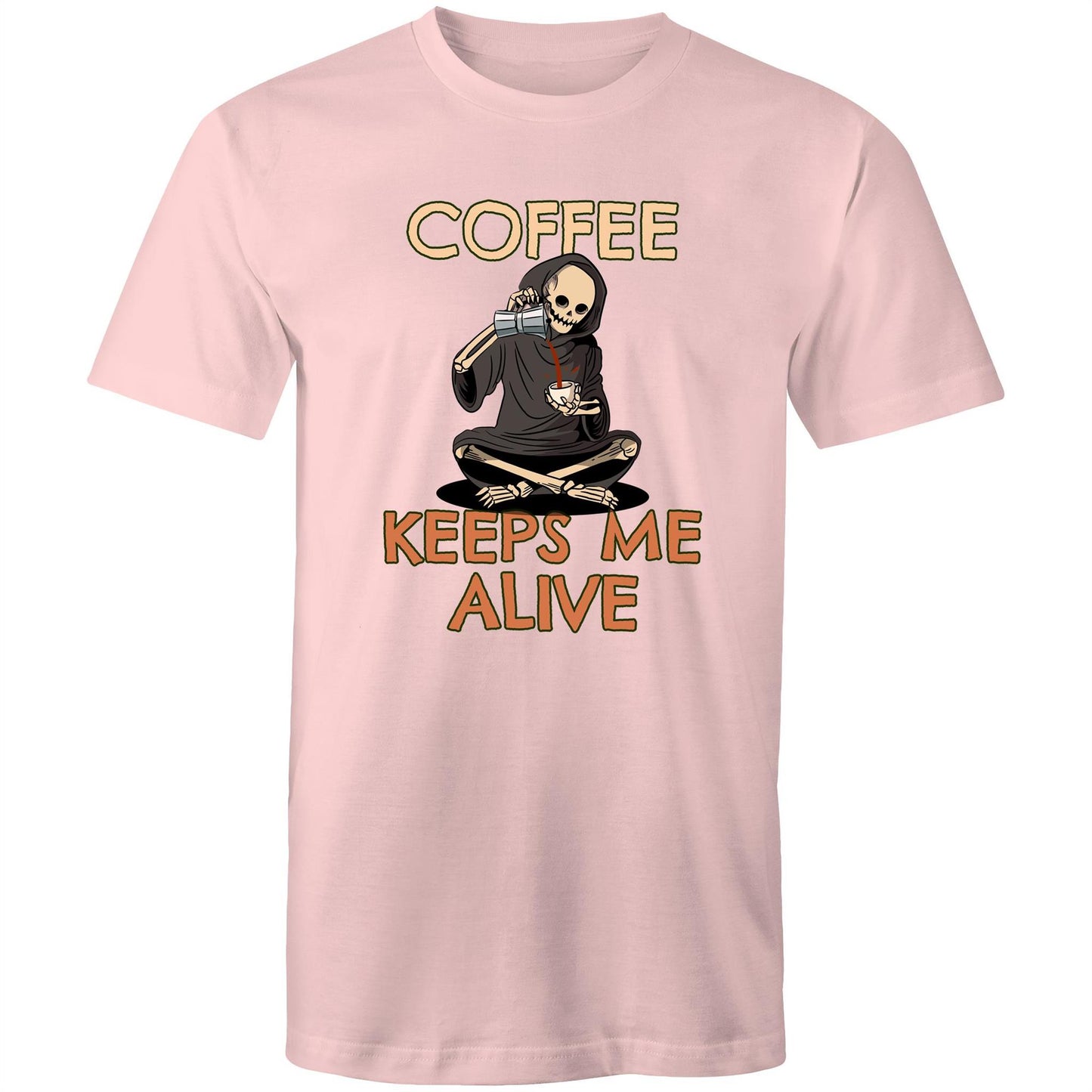 Coffee Keeps Me Alive, Skeleton - Mens T-Shirt Pink Mens T-shirt Coffee Printed In Australia