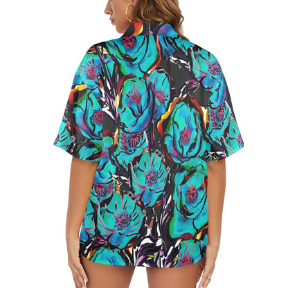 Flower It Blue - Womens Hawaiian Shirt