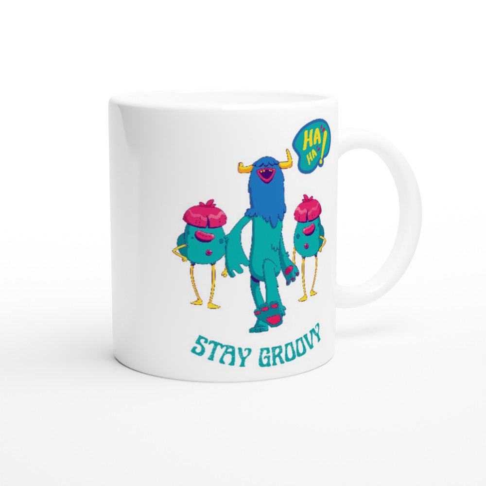 Monsters, Stay Groovy - White 11oz Ceramic Mug White 11oz Mug Globally Fulfilled Sci Fi