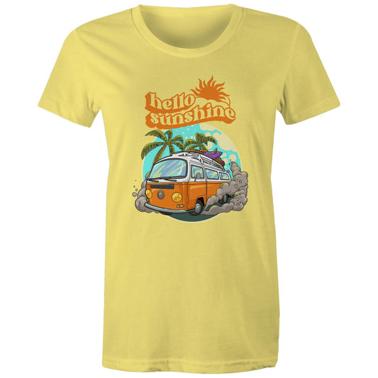 Hello Sunshine, Beach Van - Womens T-shirt Yellow Womens T-shirt Summer Surf