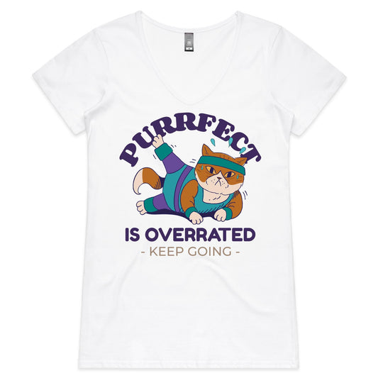 Purrfect Is Overrated - Womens V-Neck T-Shirt White Womens Fitness V-Neck