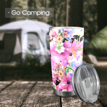 Bright Pink Floral - 20oz Travel Mug with Clear Lid Clear Lid Travel Mug Plants Printed Offshore