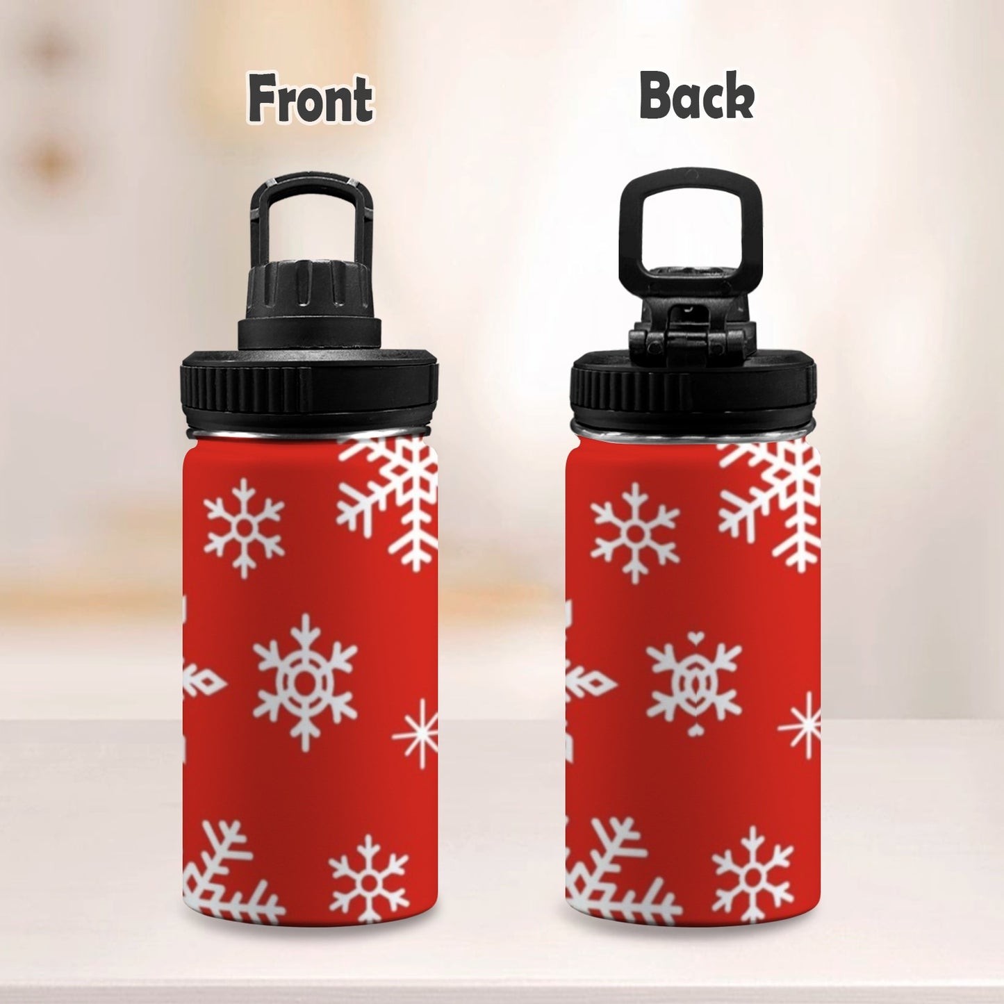 Red Snowflakes, Christmas - Kids Water Bottle with Chug Lid (12 oz)