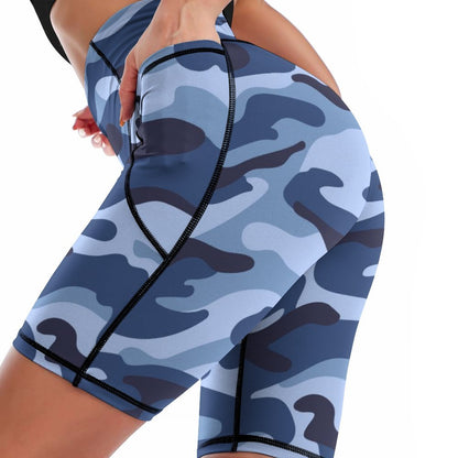 Blue Camouflage - Womens Knee-Length Yoga Shorts Yoga Shorts