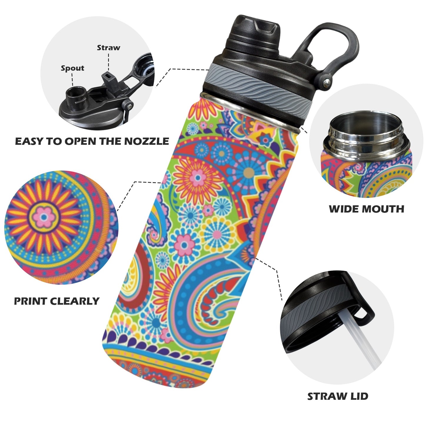 Bright Paisley - Insulated Water Bottle with Dual-Use Lid (18oz) Insulated Water Bottle with Dual-Use Lid (18oz) Printed Offshore