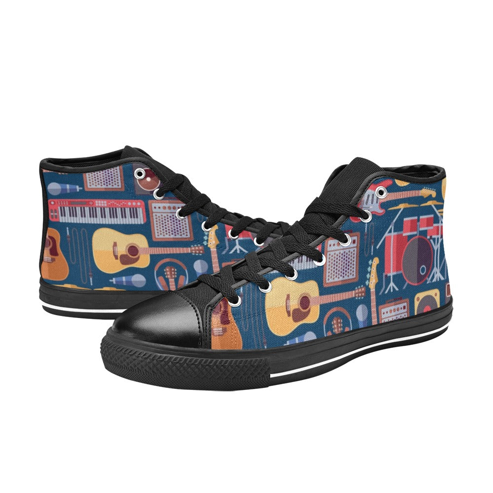 Music Instruments Blue - Men's High Top Canvas Shoes