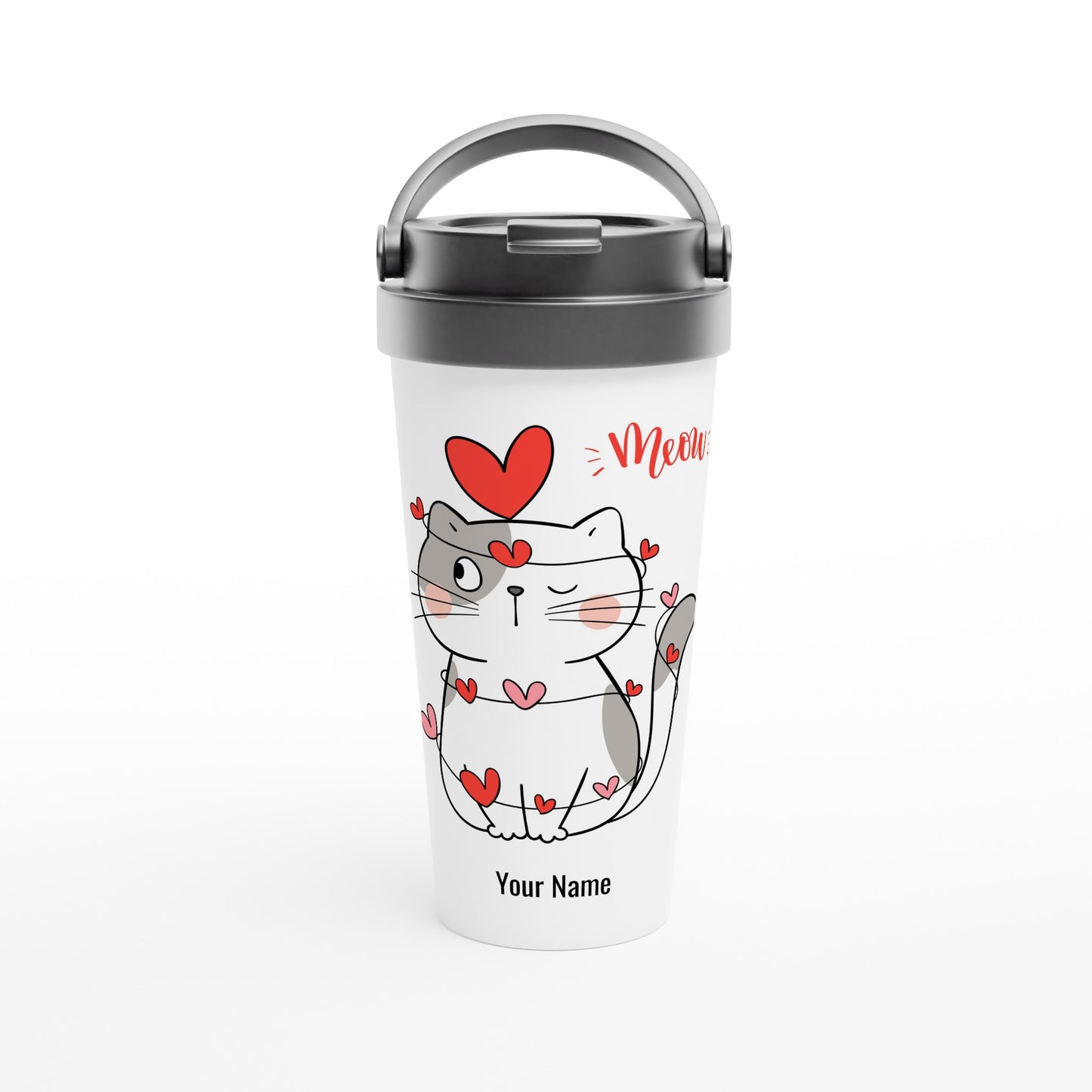 Personalised - Cat Heart Meow - White 15oz Stainless Steel Travel Mug Default Title Personalised Travel Mug animal Love