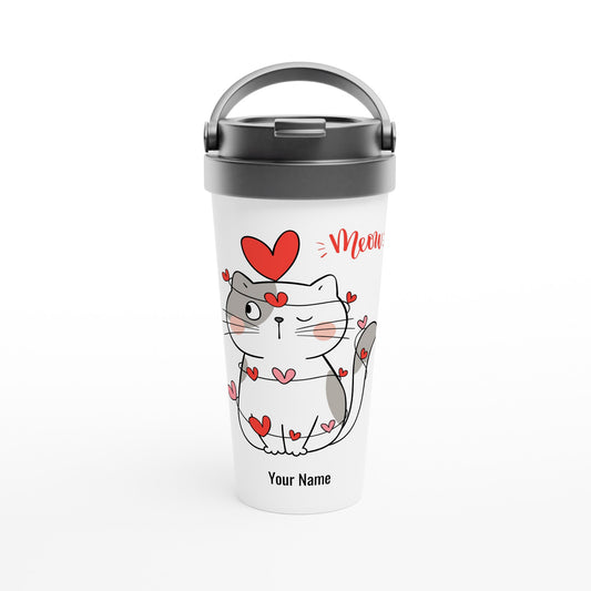 Personalised - Cat Heart Meow - White 15oz Stainless Steel Travel Mug Default Title Personalised Travel Mug animal Love