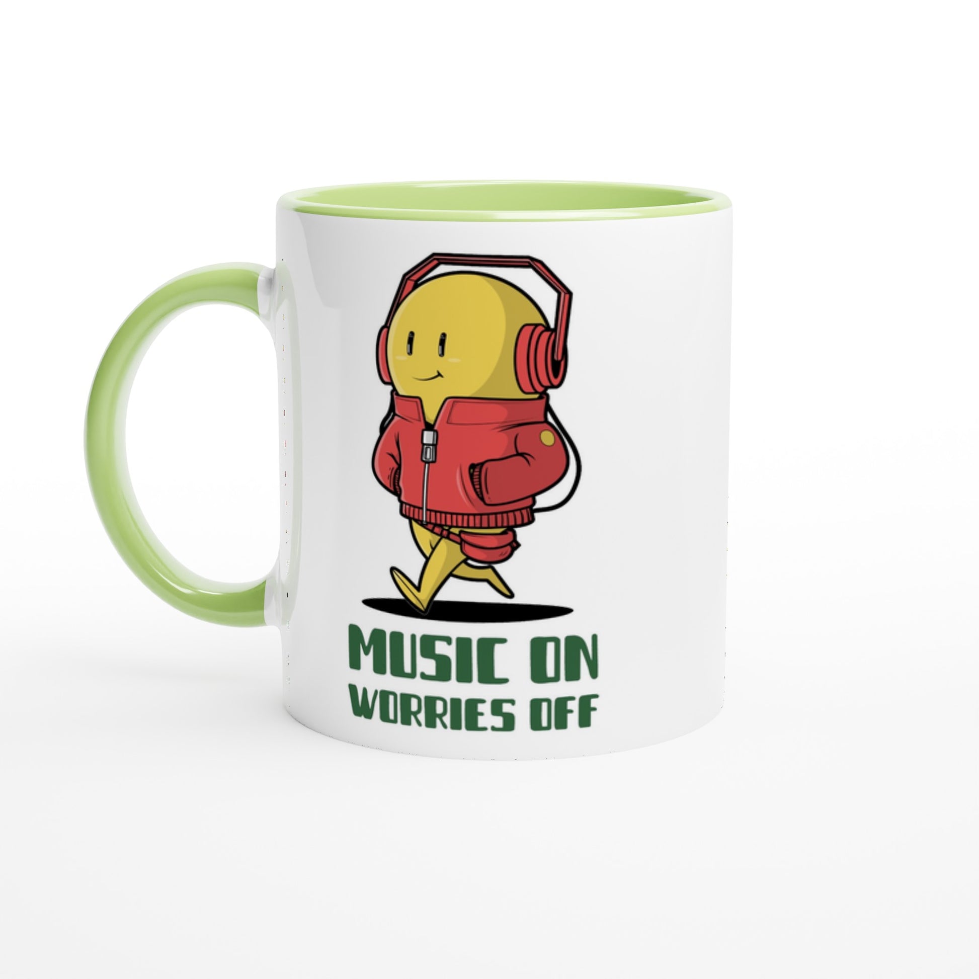 Music On, Worries Off - White 11oz Ceramic Mug with Colour Inside Ceramic Green Colour 11oz Mug Music