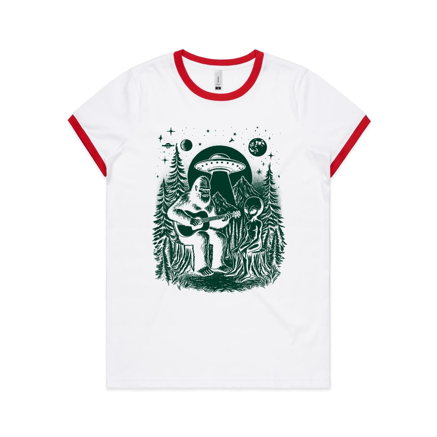 Alien And Bigfoot Playing Guitar - Women's Ringer Tee