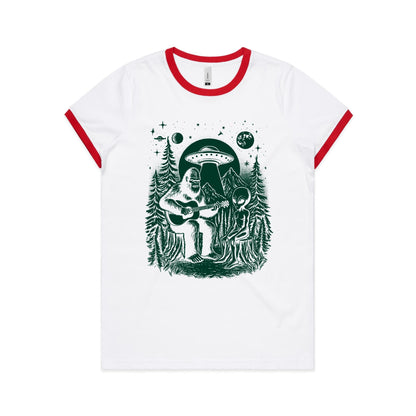 Alien And Bigfoot Playing Guitar - Women's Ringer Tee