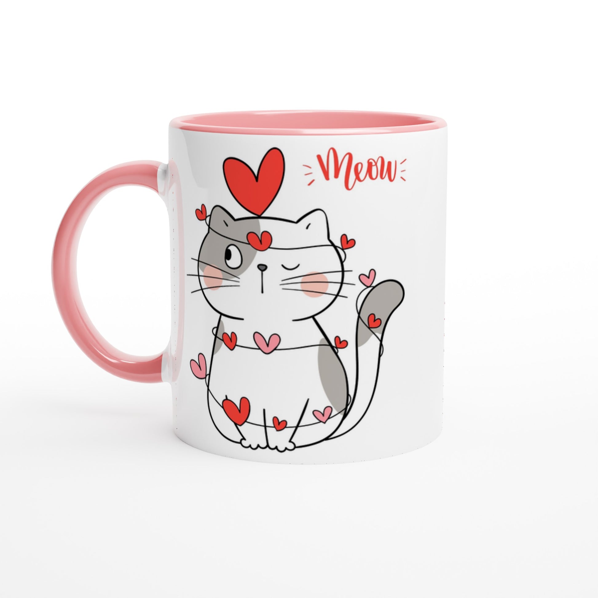 Cat Heart Meow - White 11oz Ceramic Mug with Color Inside Ceramic Pink Colour 11oz Mug animal Globally Fulfilled Love