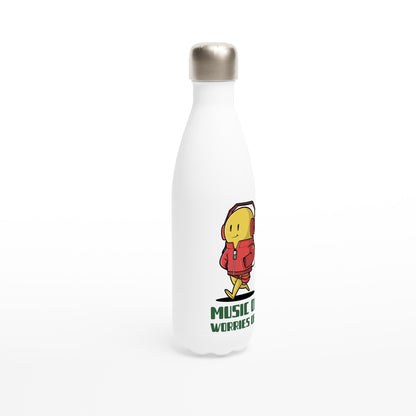 Music On, Worries Off - White 17oz Stainless Steel Water Bottle White Water Bottle Music