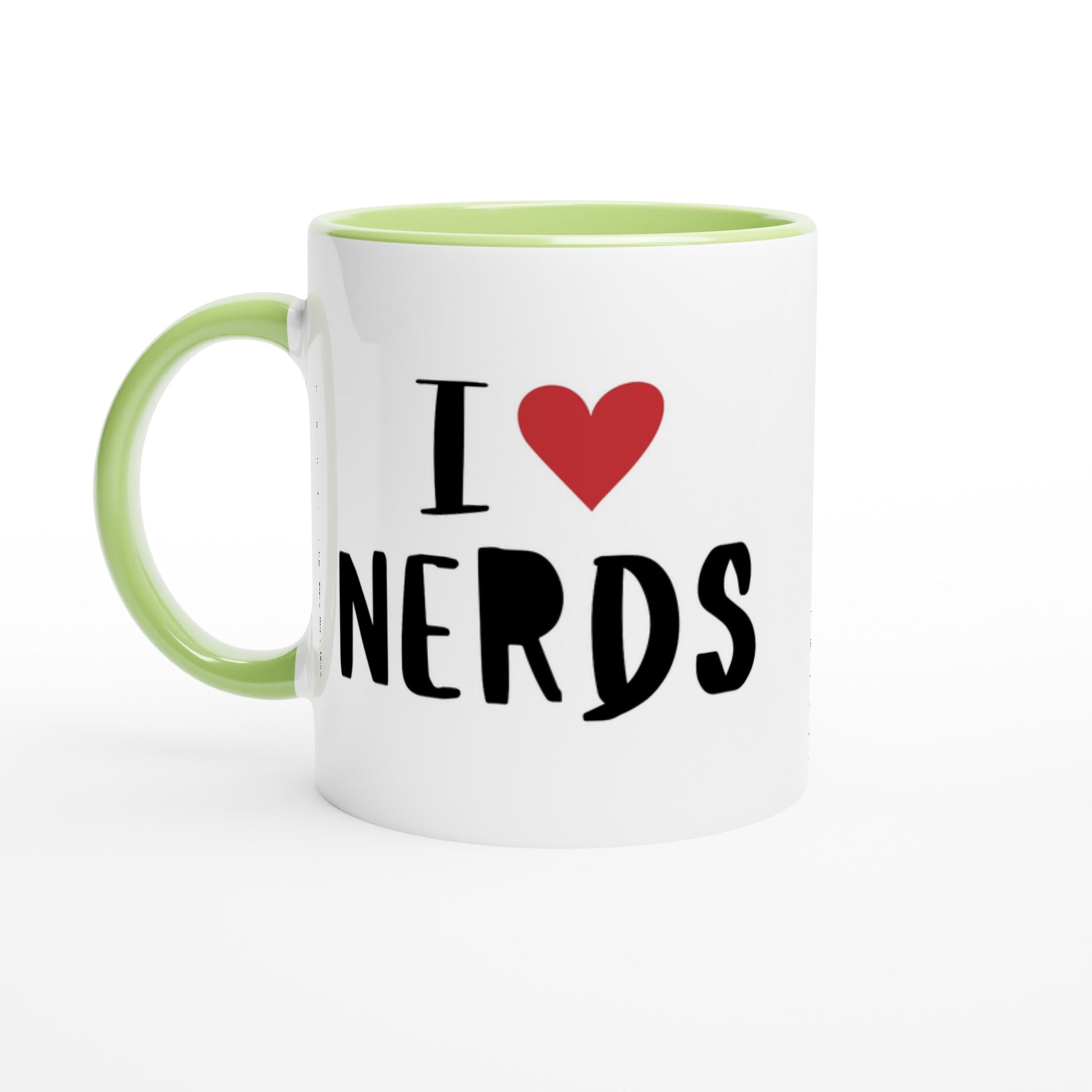 I Love Nerds, Red Heart - White 11oz Ceramic Mug with Colour Inside Ceramic Green Colour 11oz Mug Globally Fulfilled Love