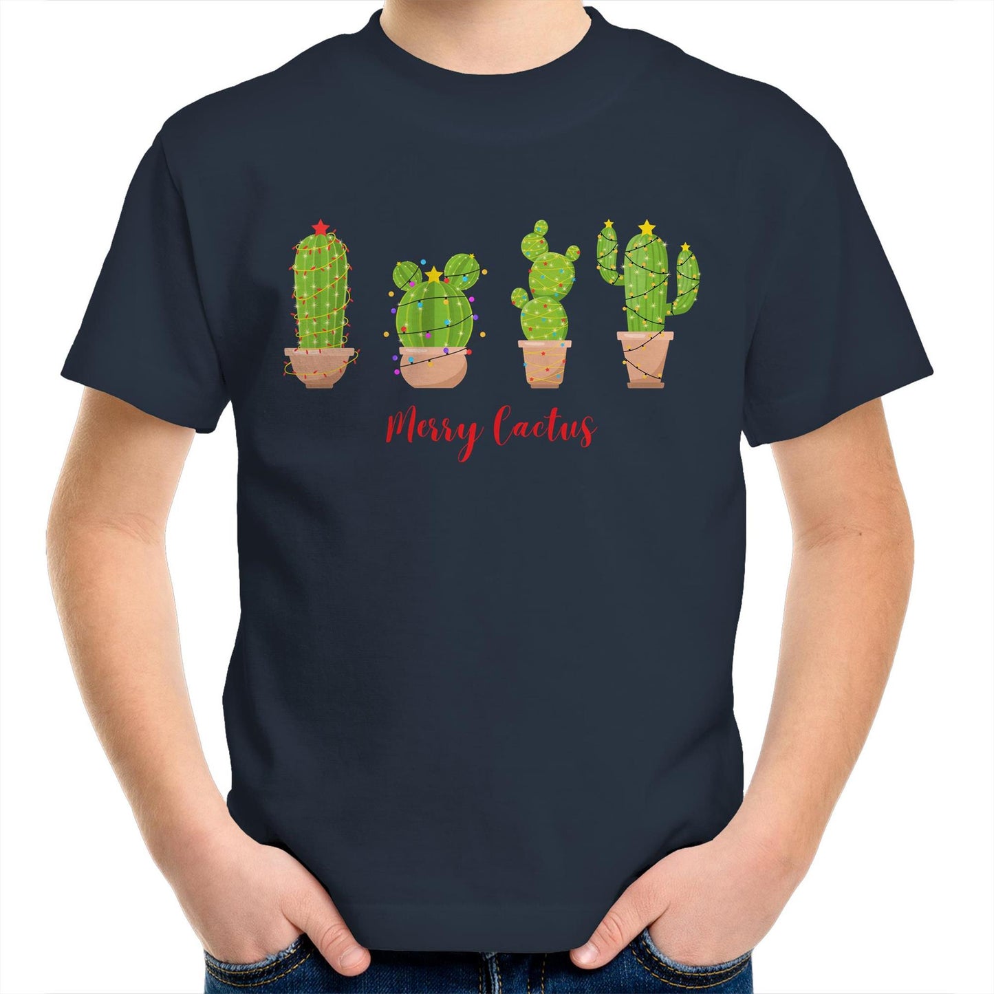 Merry Cactus, Christmas - Kids Youth T-Shirt Navy Kids Christmas T-shirt Christmas Printed In Australia