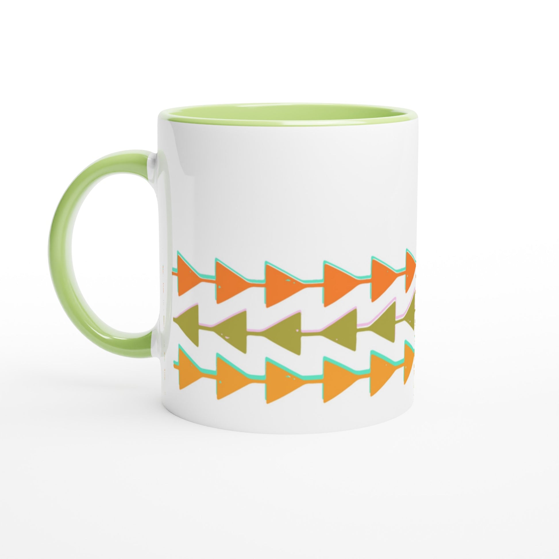 Retro Triangles - White 11oz Ceramic Mug with Colour Inside Ceramic Green Colour 11oz Mug Retro