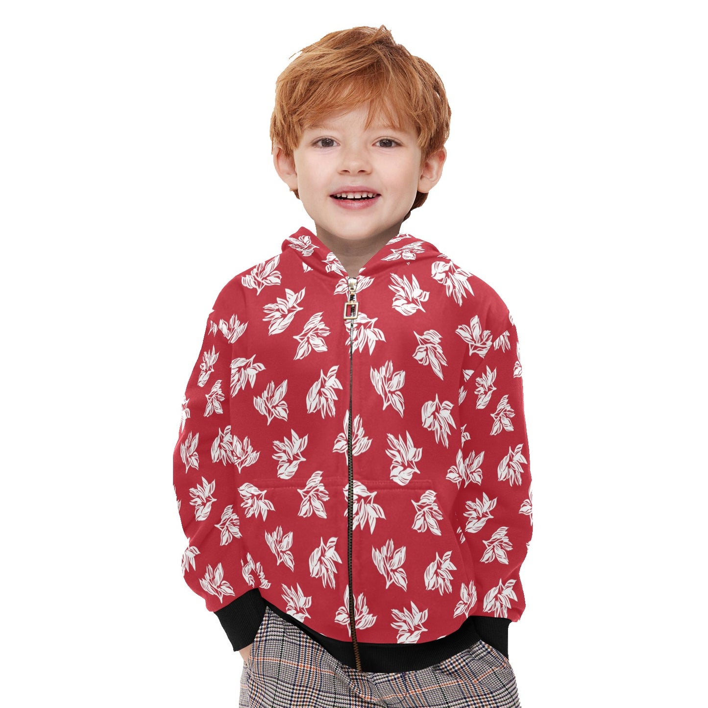 Red Retro Foliage, Hawaiian Flower - Junior Boys Zip Up Hoodie