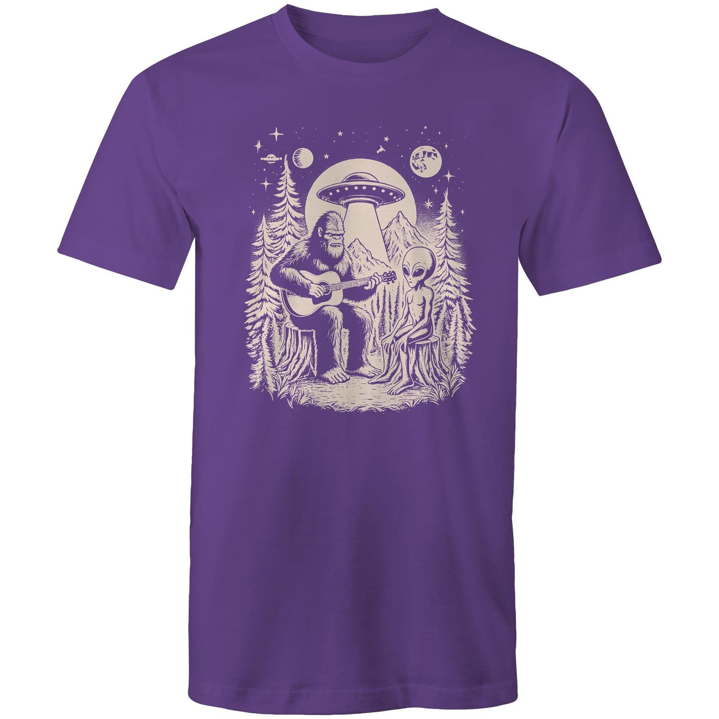 Alien And Bigfoot Play Guitar - Mens T-Shirt Purple Mens T-shirt Music Printed In Australia Sci Fi