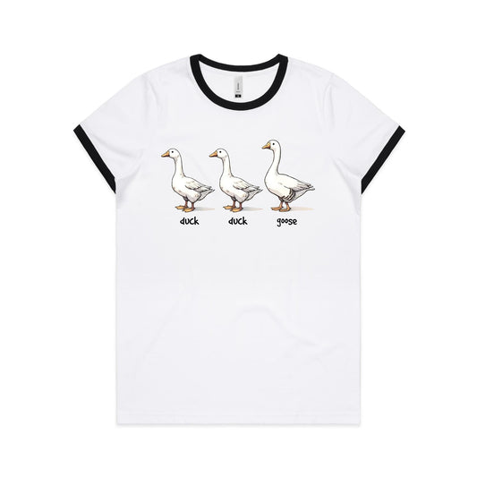 Duck Duck Goose - Women's Ringer Tee White Black Womens Ringer T-shirt animal Games Printed In Australia