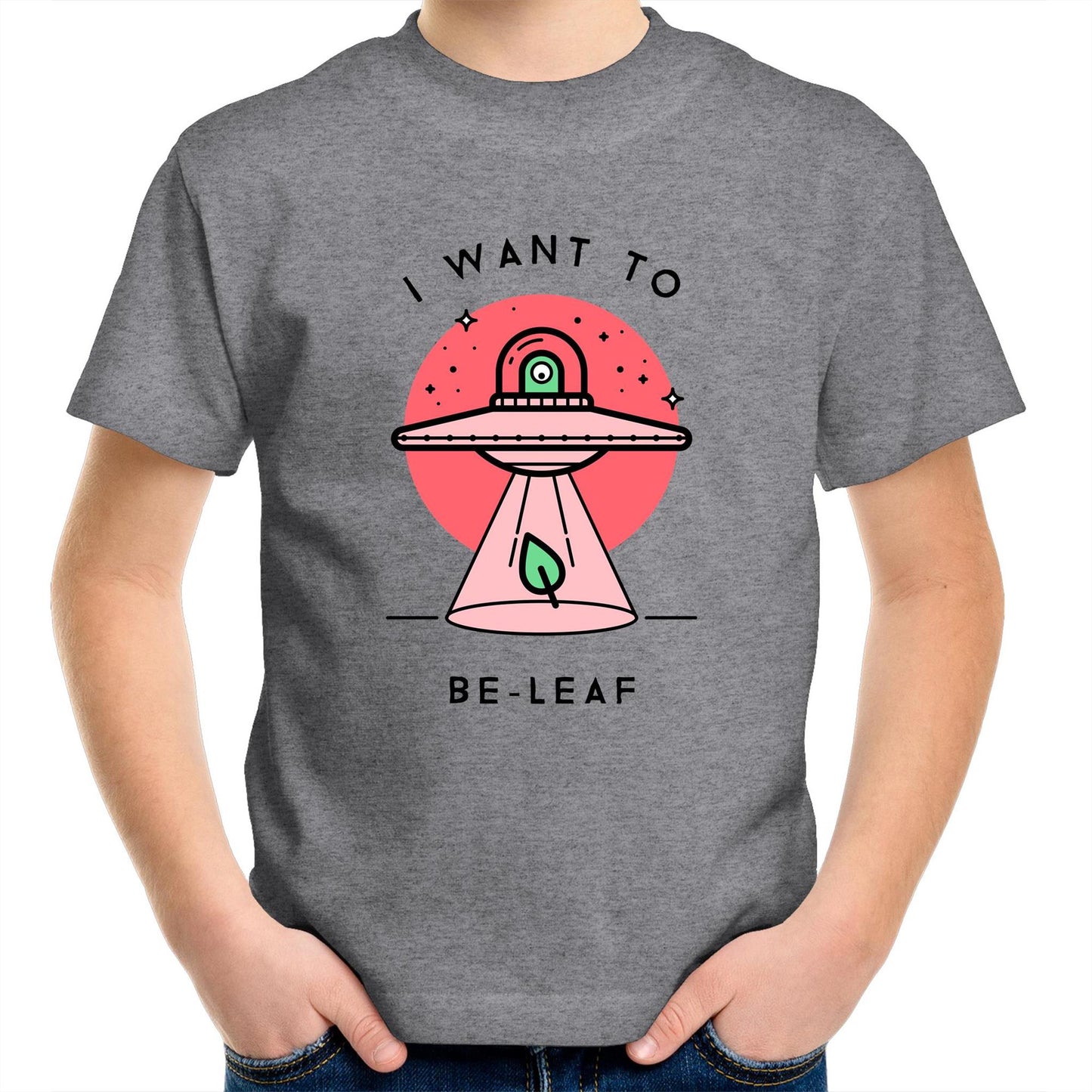 I Want To Be-Leaf, UFO - Kids Youth T-Shirt Grey Marle Kids Youth T-shirt Sci Fi