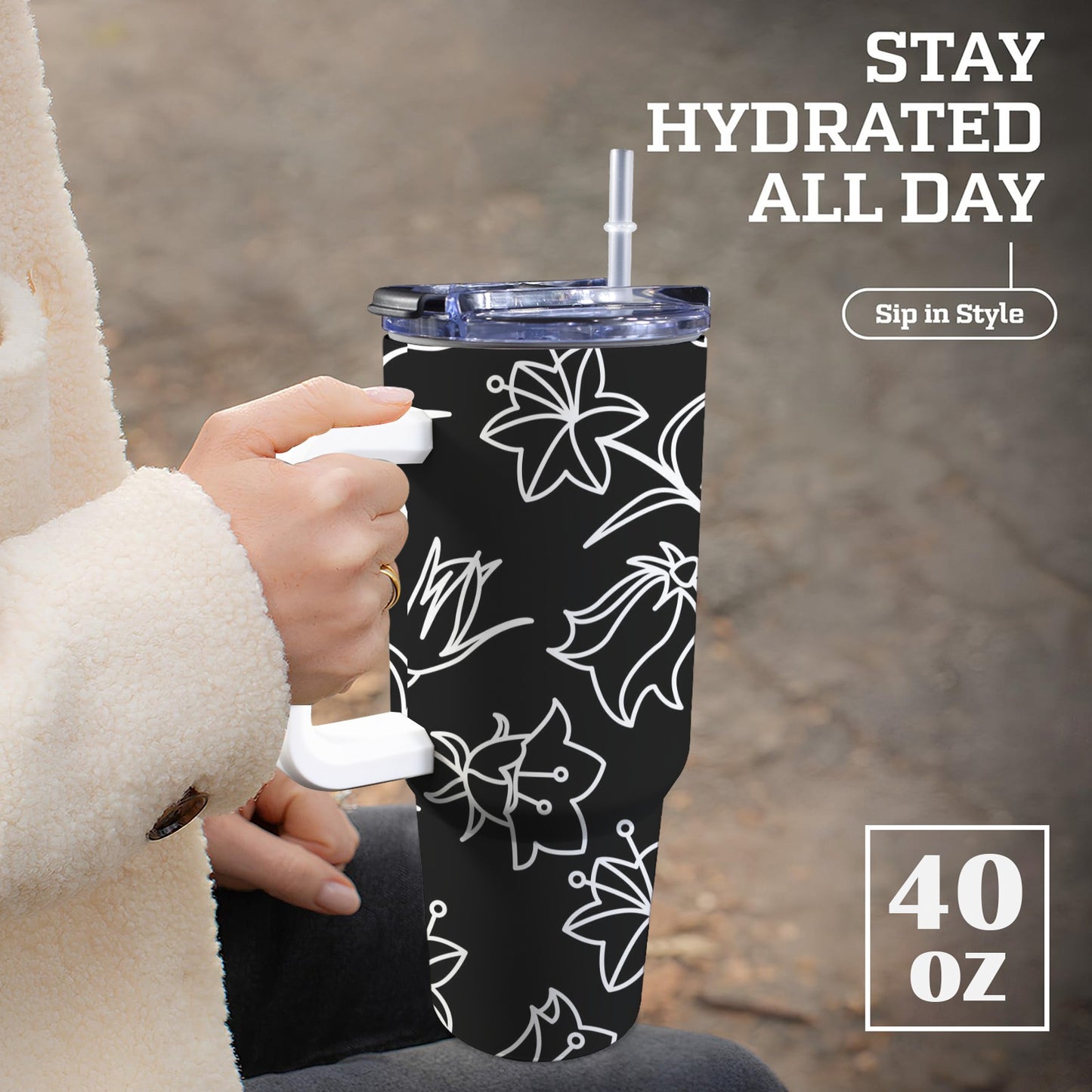 Black And White Floral - 40oz Tumbler with White Handle