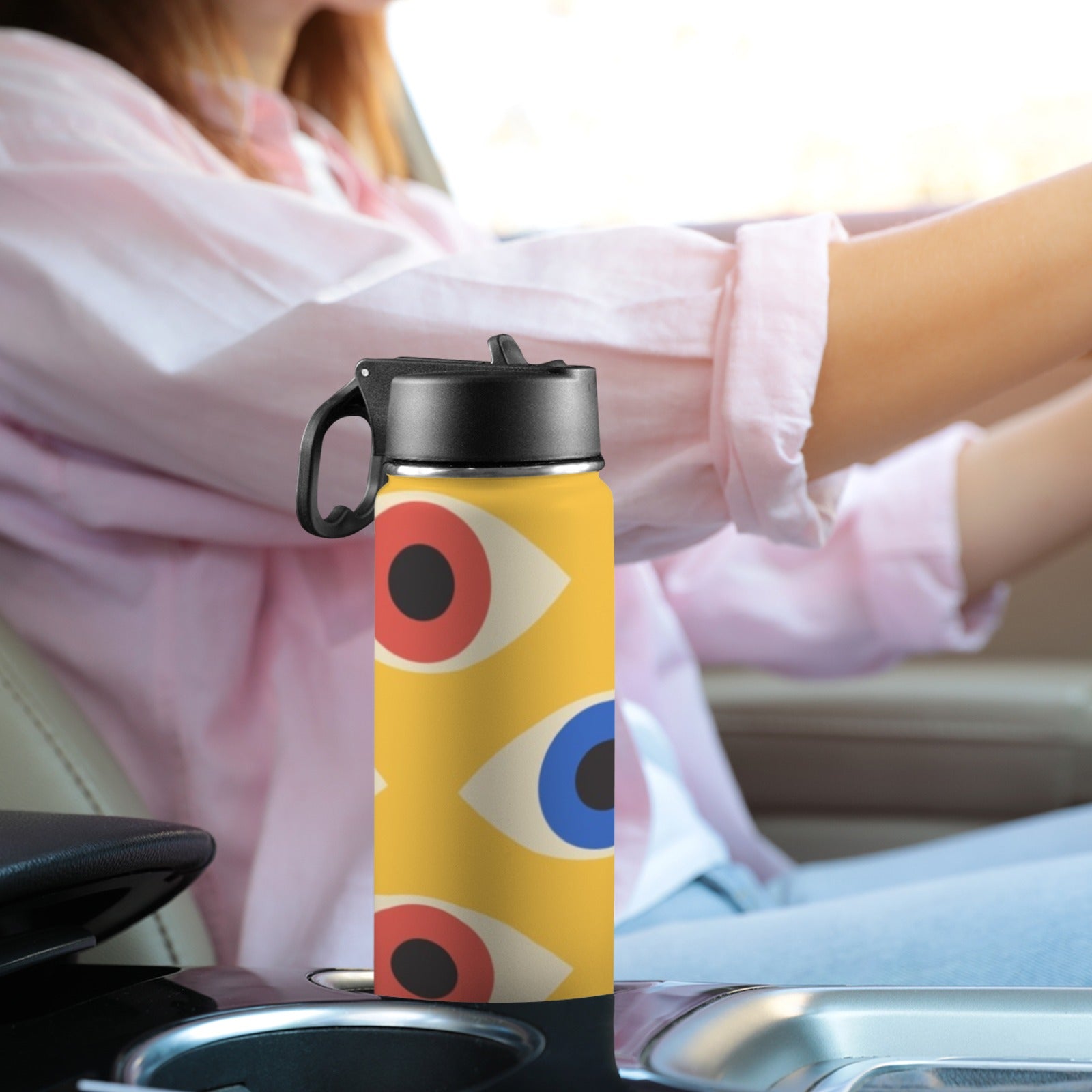 Eyes on Yellow - Insulated Water Bottle with Straw Lid (18oz) Insulated Water Bottle with Swing Handle