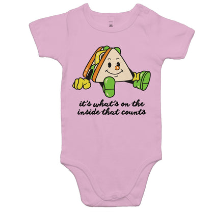 Sandwich, It's What's On The Inside That Counts - Baby Bodysuit Pink Baby Bodysuit Food Motivation