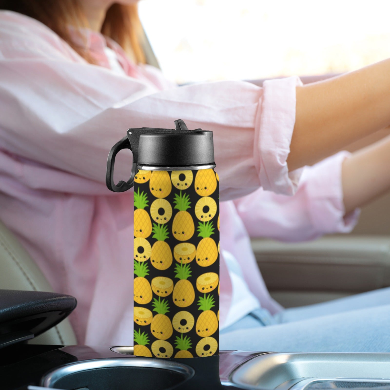 Happy Pineapples - Insulated Water Bottle with Straw Lid (18oz) Insulated Water Bottle with Swing Handle Printed Offshore