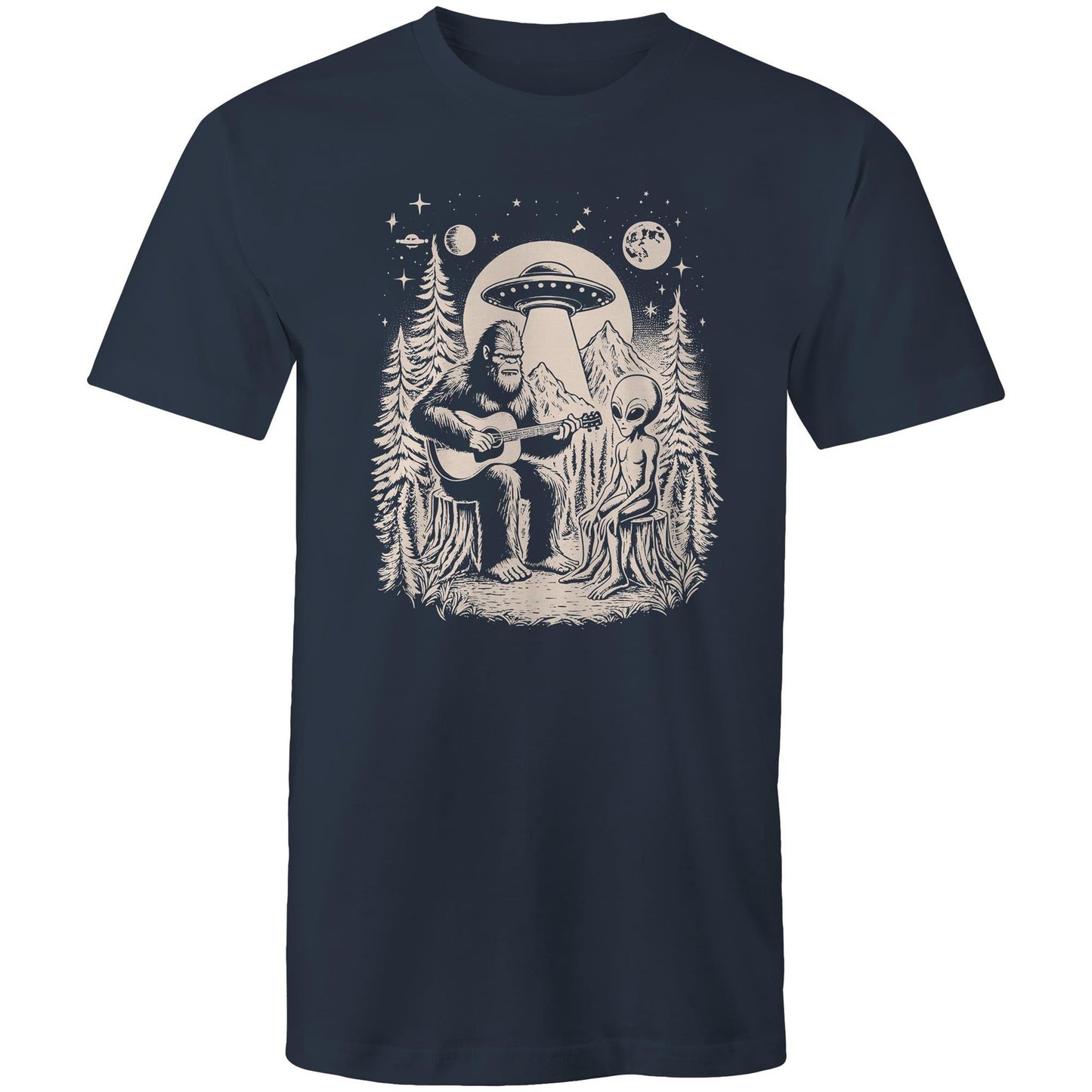 Alien And Bigfoot Play Guitar - Mens T-Shirt Navy Mens T-shirt Music Printed In Australia Sci Fi