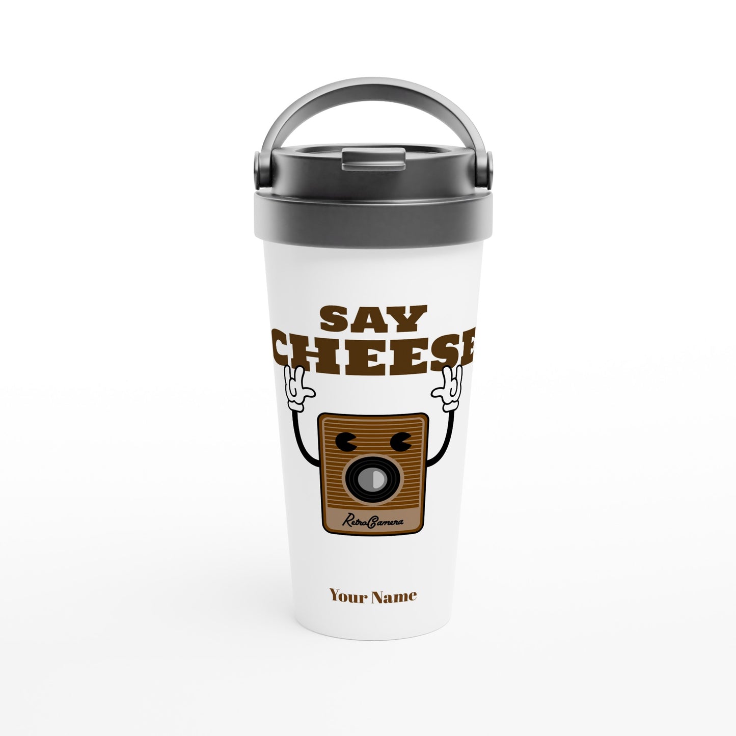 Personalised - Say Cheese, Retro Camera - White 15oz Stainless Steel Travel Mug Default Title Personalised Travel Mug Retro Tech