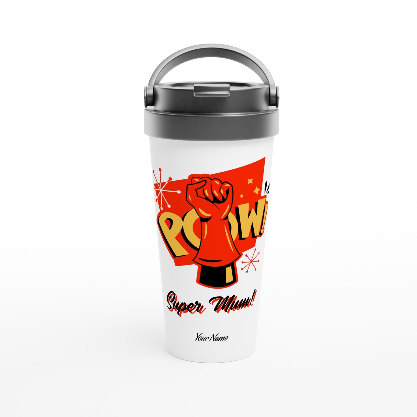 Personalised - Super Mum - White 15oz Stainless Steel Travel Mug Default Title Personalised Travel Mug comic Customise Globally Fulfilled Mum Personalise