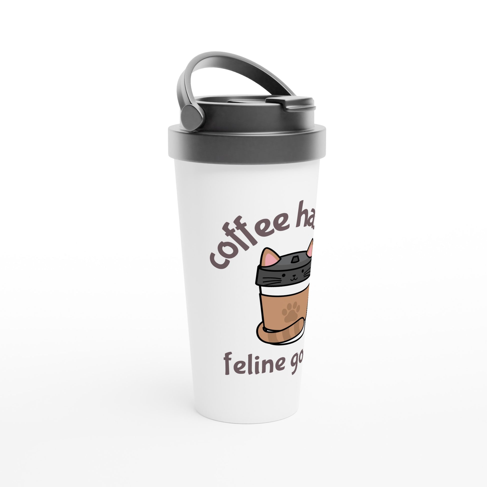 Coffee Has Me Feline Good - White 15oz Stainless Steel Travel Mug Travel Mug animal Coffee Globally Fulfilled