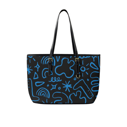 Blue Squiggle - Leather Tote Bag-Large