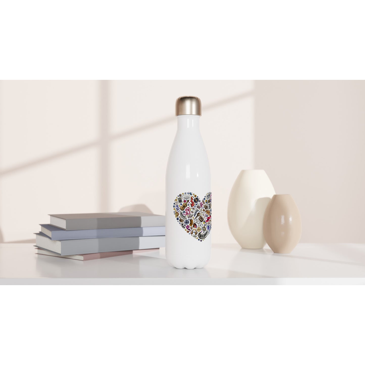 Heart Music - White 17oz Stainless Steel Water Bottle White Water Bottle Love Music