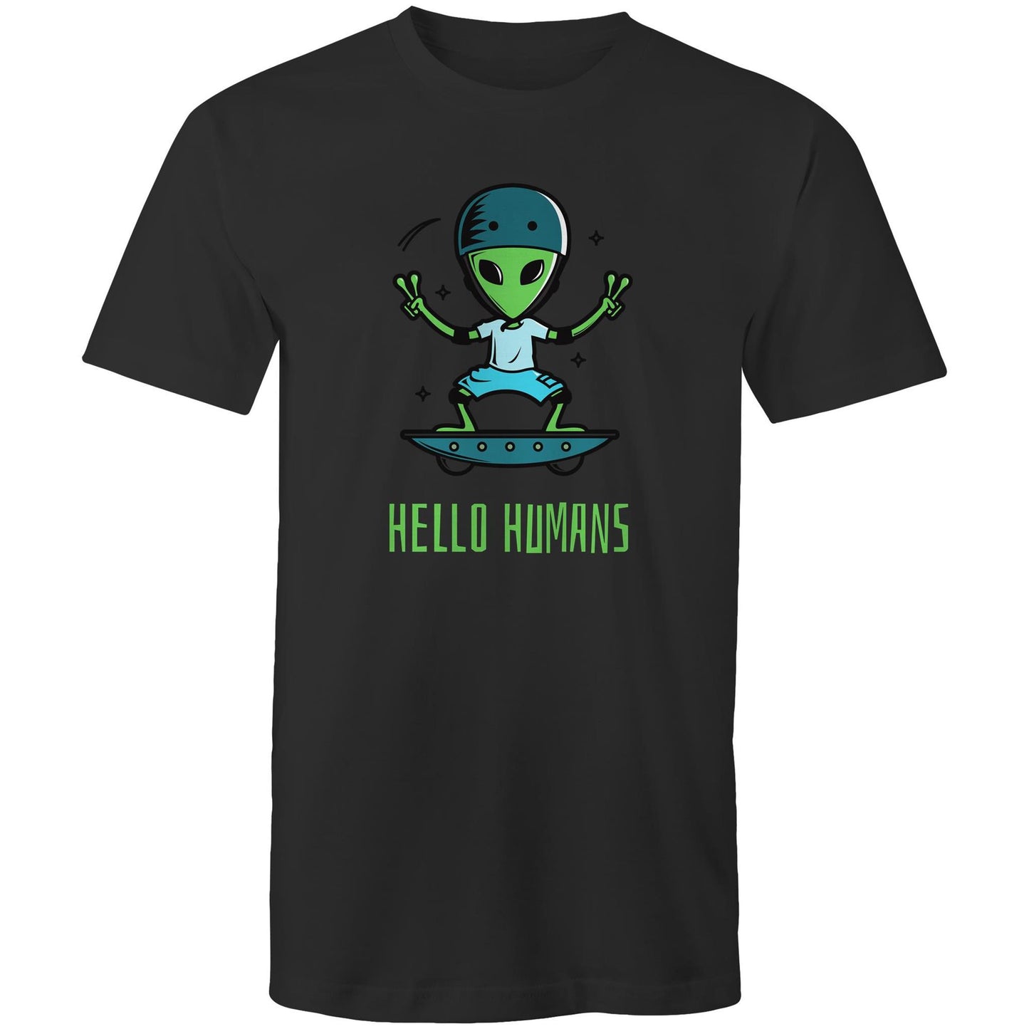 Hello Humans, Alien - Mens T-Shirt Black Mens T-shirt Printed In Australia Sci Fi